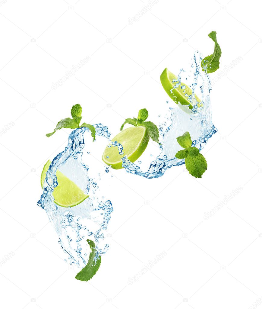 Juicy lime, mint and splashing water on white background