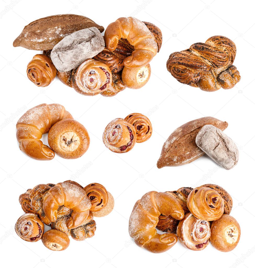Set with different fresh loaves of bread and pastries on white background, top view