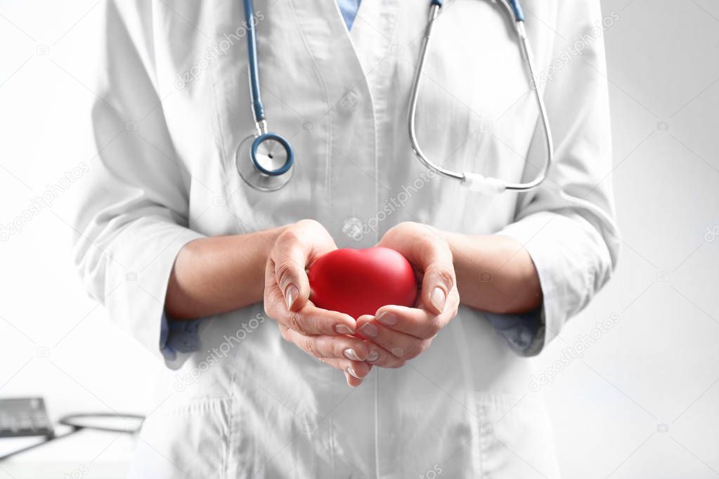 Doctor holding red heart indoors, closeup view