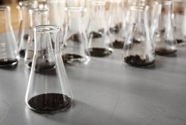 Glassware with soil samples on grey table. Laboratory research clipart