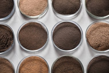 Taşi tabaklar gri masa üzerinde toprak örnekleri ile, düz yatıyordu. Laboratuvar araştırmaları