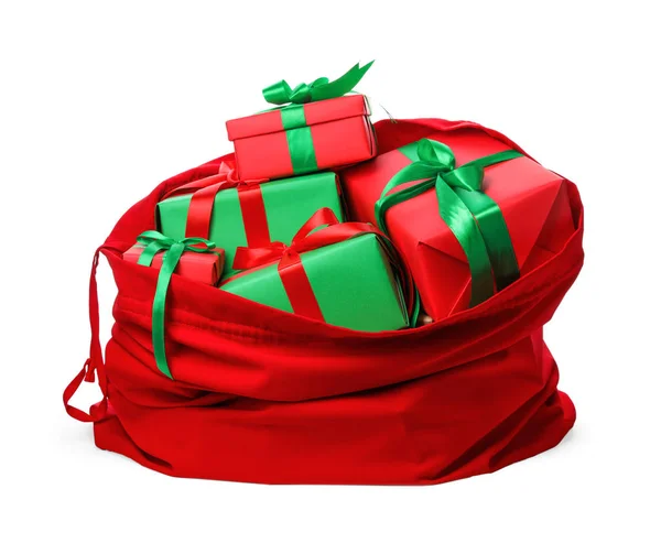 Noel Baba kırmızı çanta beyaz izole hediyeler dolu — Stok fotoğraf