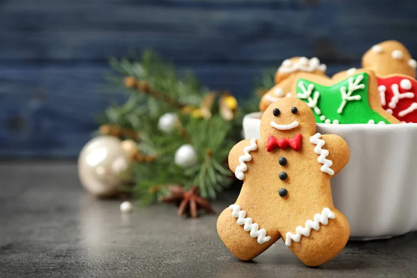 Tasty homemade Christmas cookies on grey table, closeup view. Space for text — Stock Photo, Image