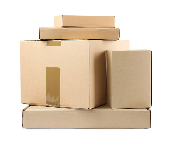 Pile of cardboard boxes on white background — Stock Photo, Image