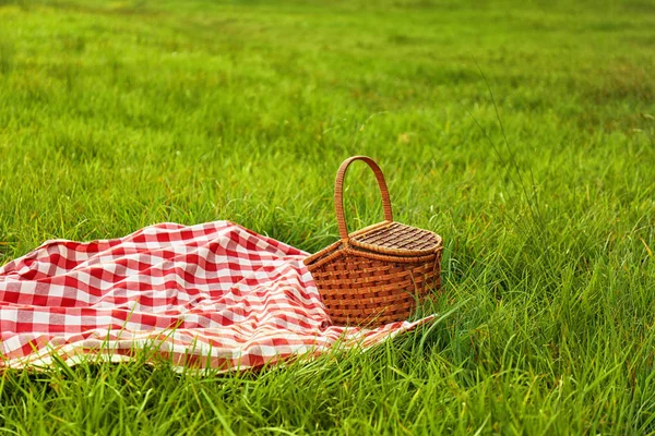 Couverture de pique-nique et panier sur l'herbe dans le parc — Photo