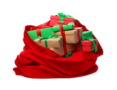 Noel Baba kırmızı çanta beyaz izole hediyeler dolu