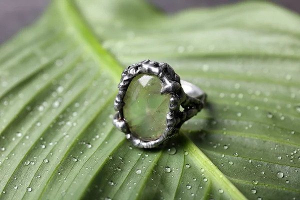 Belle bague en argent avec pierre précieuse prehnite sur feuille verte — Photo