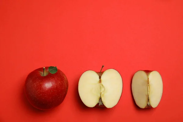 Composition plate avec des pommes juteuses mûres sur fond rouge, espace pour le texte — Photo