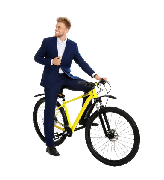 Mladý obchodník s bicykly na bílém pozadí — Stock fotografie