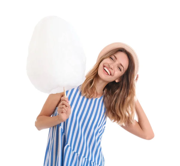 白い背景に綿菓子を持つ幸せな若い女性 — ストック写真