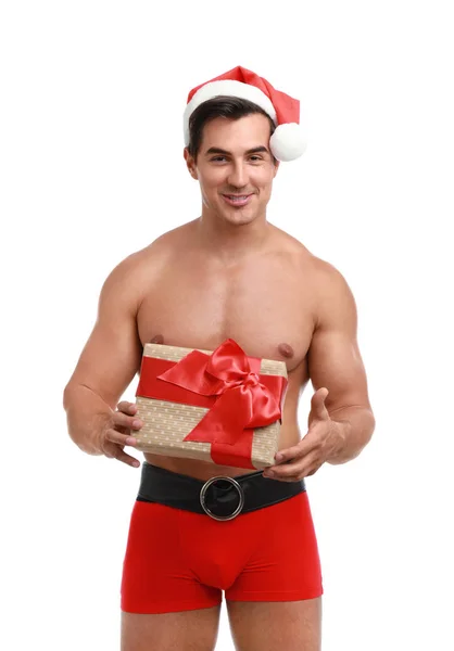Sexy shirtless Santa Claus with gift on white background — Stock Photo, Image