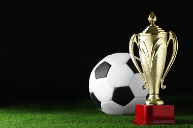 Altın kupa kupası ve futbol sahasında futbol topu. Metin için alan