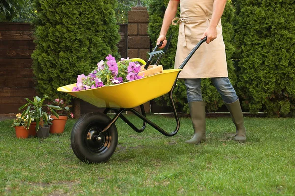 Mann mit Schubkarre arbeitet im Garten, Nahaufnahme — Stockfoto