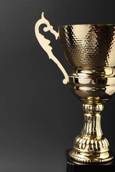 Shiny golden trophy cup on grey background