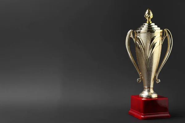 Golden trophy cup on grey background. Space for text — Stock Photo, Image