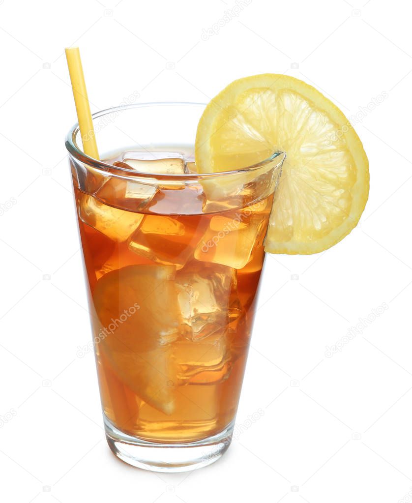 Glass of tasty iced tea with lemon and straw on white background