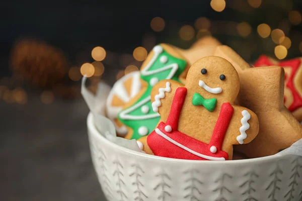 Tasty homemade Christmas cookies on dark grey table, closeup view — Stock Photo, Image