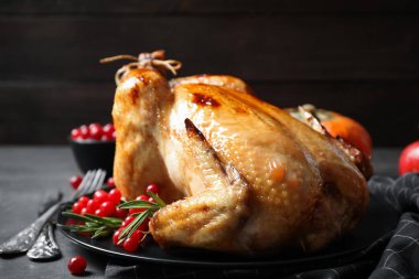 Gri arka planda lezzetli hindi ve kızılcık, yakın çekim. Mutlu Şükran günü