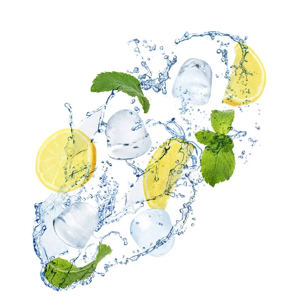 Crystal clear ice cubes, lemon, mint and splashing water on white background — Stock Photo, Image