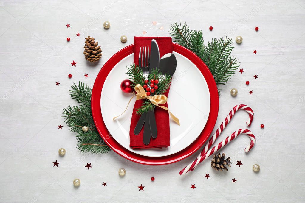 Christmas table setting on white background, flat lay