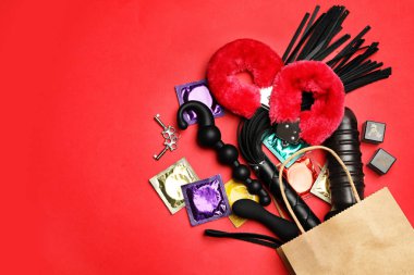 Alışveriş çantası ve kırmızı arka plan üzerinde farklı seks oyuncakları, düz yatıyordu. Metin için alan