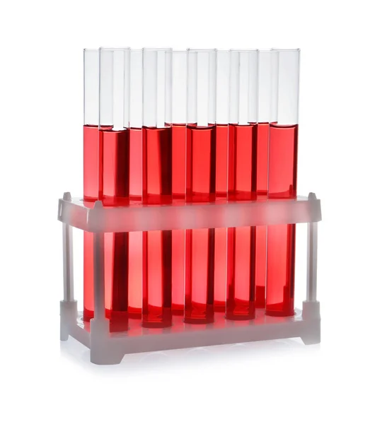 Test tubes with red liquid on white background. Laboratory glassware Royalty Free Stock Images