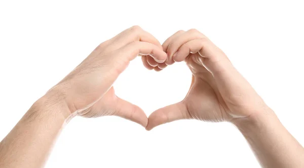 Young man making heart with his hands isolated on white, closeup — Stock Photo, Image