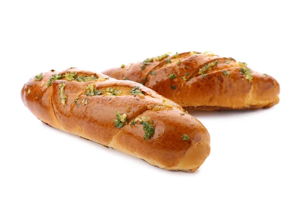Pane pani con aglio ed erbe su sfondo bianco — Foto Stock