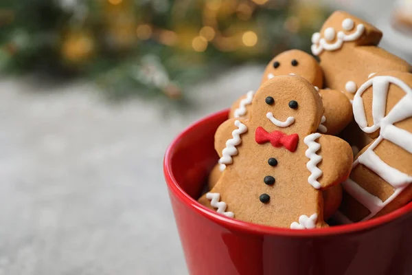 Tasty homemade Christmas cookies on grey table, closeup view. Space for text — Stock Photo, Image