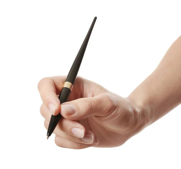 Woman holding pen on white background, closeup Stock Image