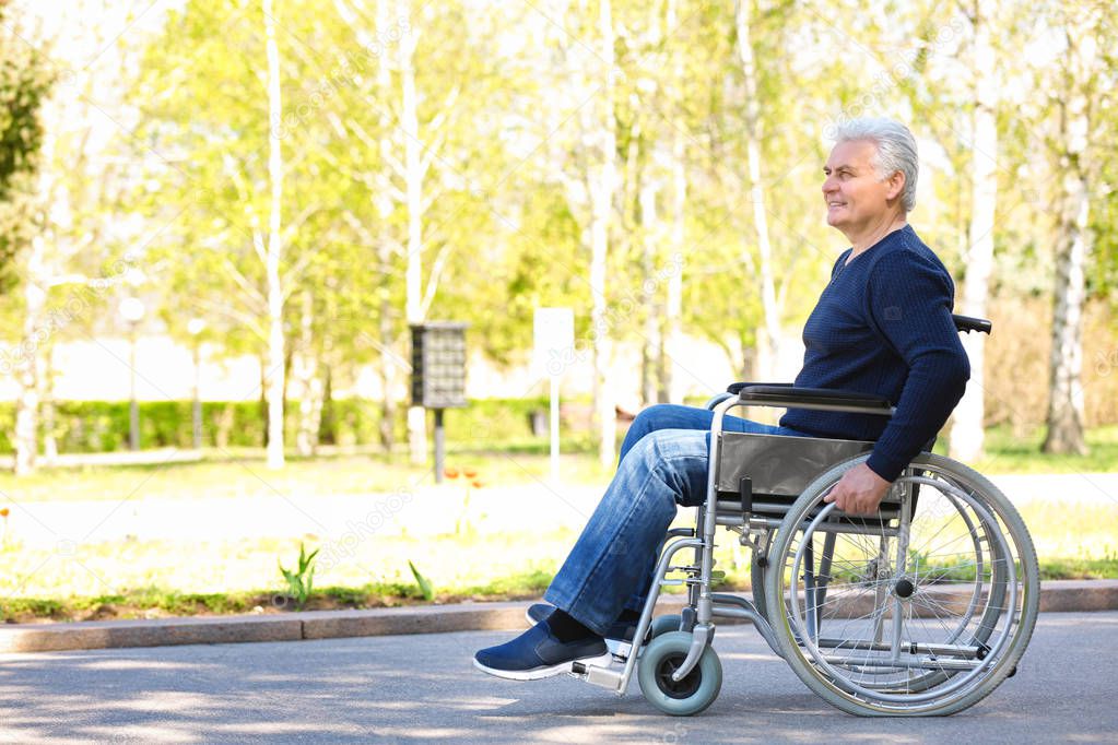Senior man in wheelchair at park on sunny day