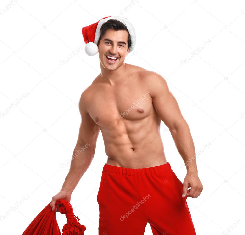 Sexy shirtless Santa Claus on white background
