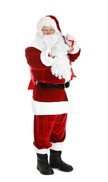Auténtico Santa Claus con bolsa llena de regalos sobre fondo blanco — Foto de Stock