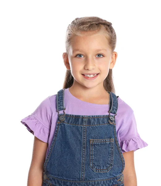 Retrato de menina adorável no fundo branco — Fotografia de Stock