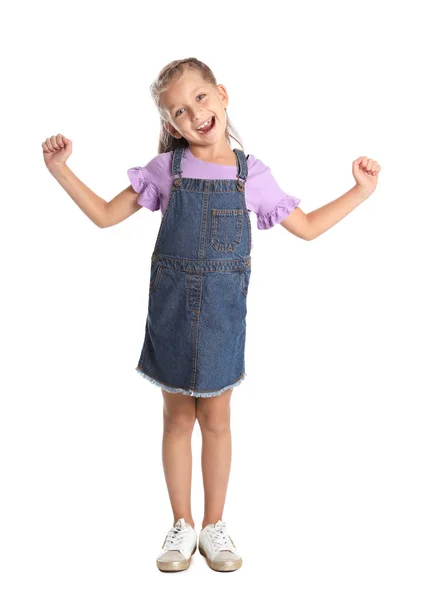 Retrato de comprimento total de adorável menina no fundo branco — Fotografia de Stock