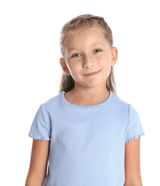Портрет очаровательной маленькой девочки на белом фоне — стоковое фото