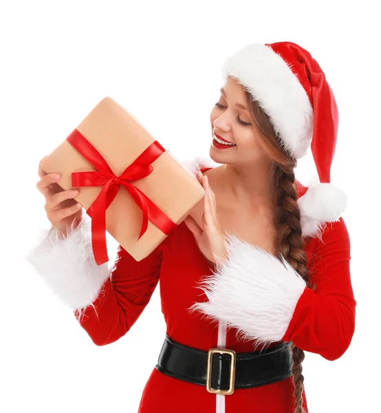 Menina Santa bonita com presente de Natal no fundo branco — Fotografia de Stock