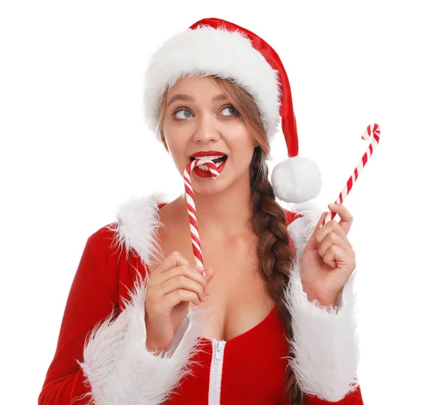 Menina Santa bonita com bengalas doces no fundo branco. Véspera de Natal — Fotografia de Stock