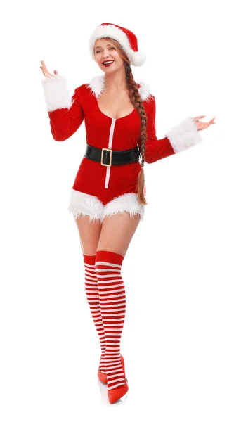 Mooie Santa meisje op witte achtergrond. Kerstavond — Stockfoto