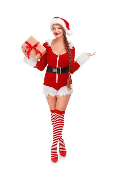 Beautiful Santa girl with Christmas gift on white background — Stock Photo, Image