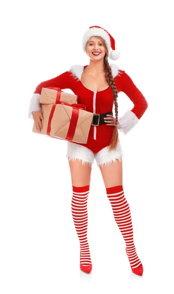 Beautiful Santa girl with Christmas gifts on white background — Stock Photo, Image