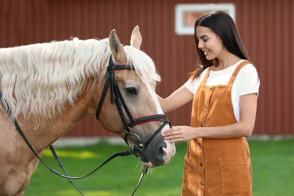 Palomino horse in bridle and young woman outdoors — Stock Photo, Image