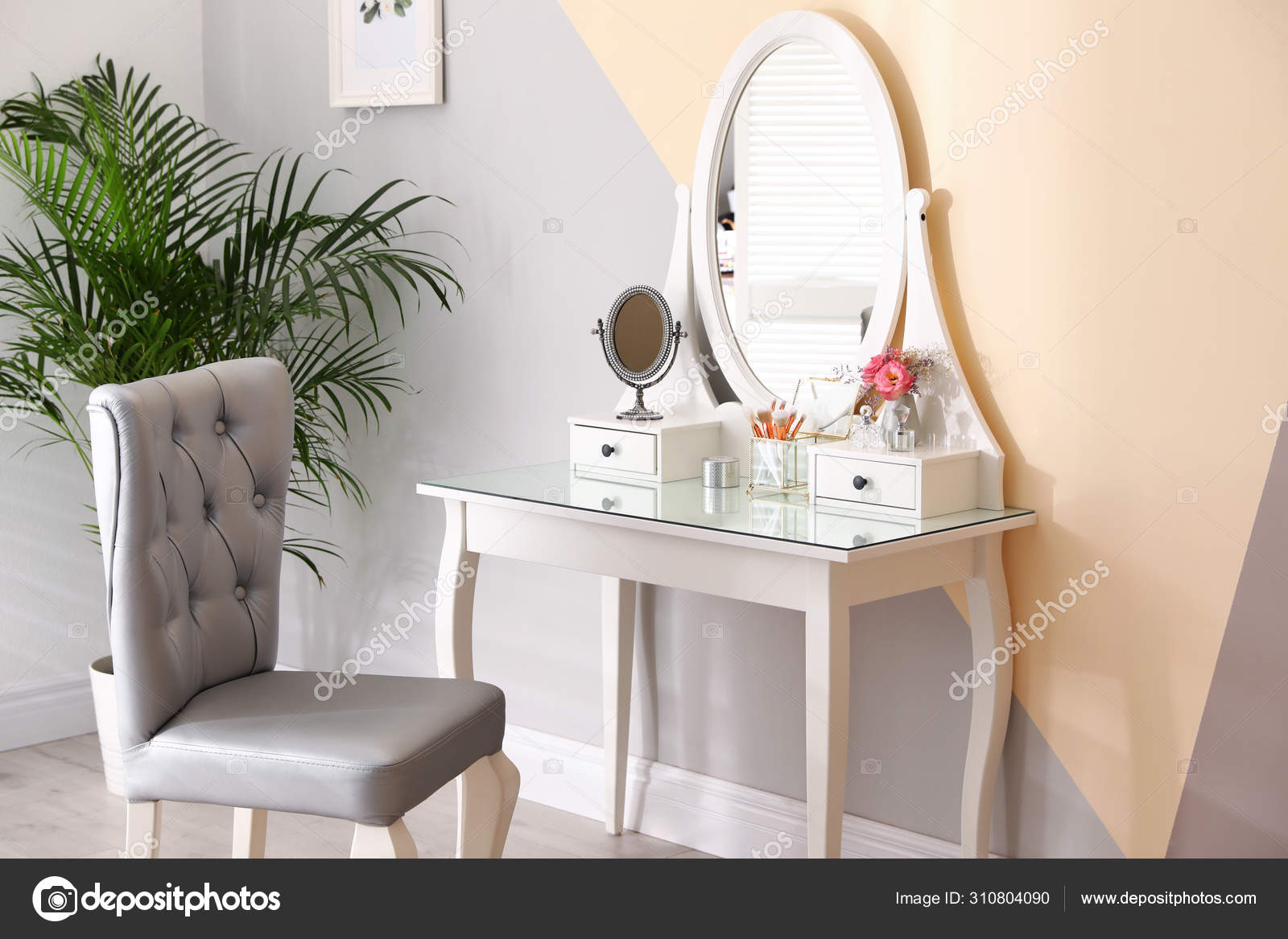 Stylish Room Interior With Modern Dressing Table And Elegant Chair