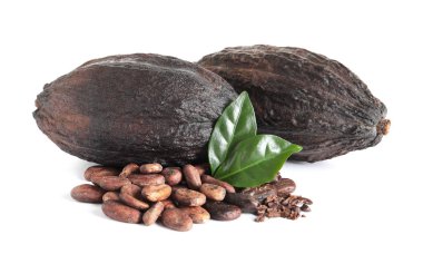 Kakao çekirdekleri, bakla ve beyaz izole yaprakları