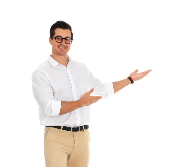 Entrenador profesional de negocios apuntando a algo, fondo blanco — Foto de Stock