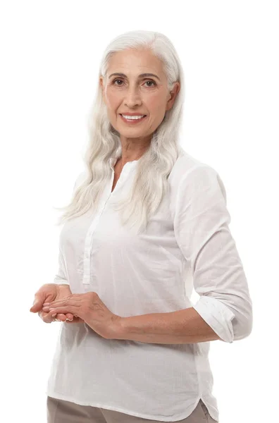 Retrato de hermosa mujer madura sobre fondo blanco — Foto de Stock