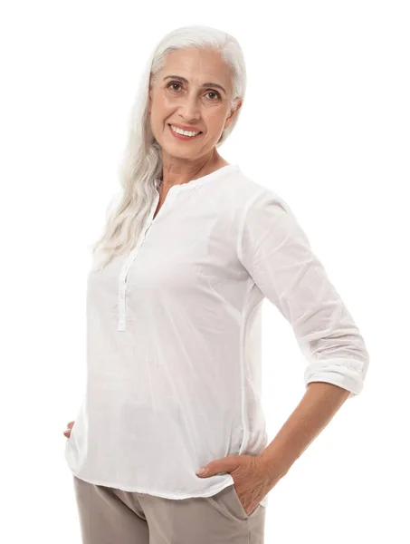 Porträt der schönen reifen Frau auf weißem Hintergrund — Stockfoto