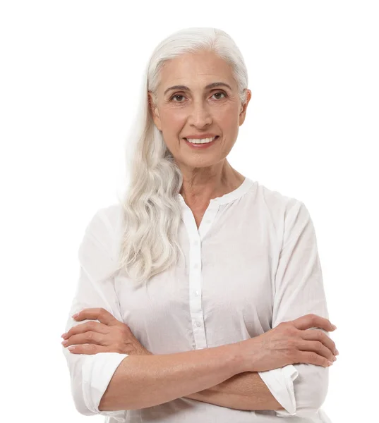 Retrato de bela mulher madura no fundo branco — Fotografia de Stock