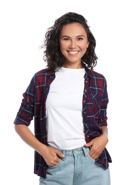 Porträtt av glad ung kvinna på vit bakgrund — Stockfoto