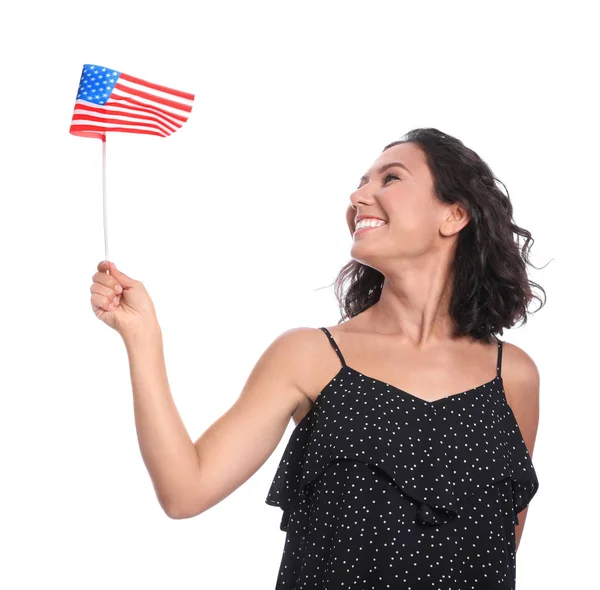 Happy young woman with American flag on white background — Stock Photo, Image